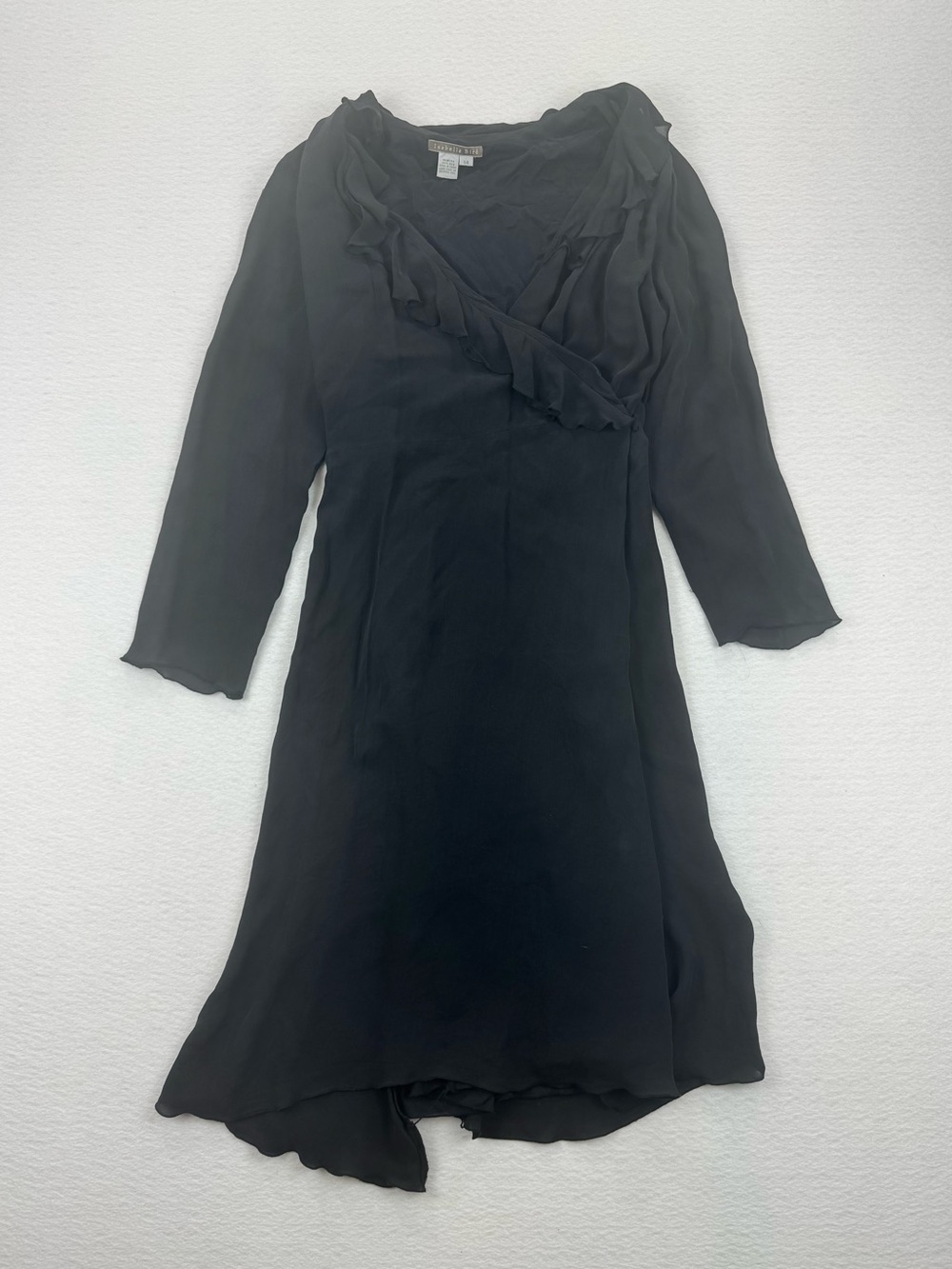 Vintage Isabella Bird 100% Silk Ruffle Midi Dress Black Long Sleeve Size 14